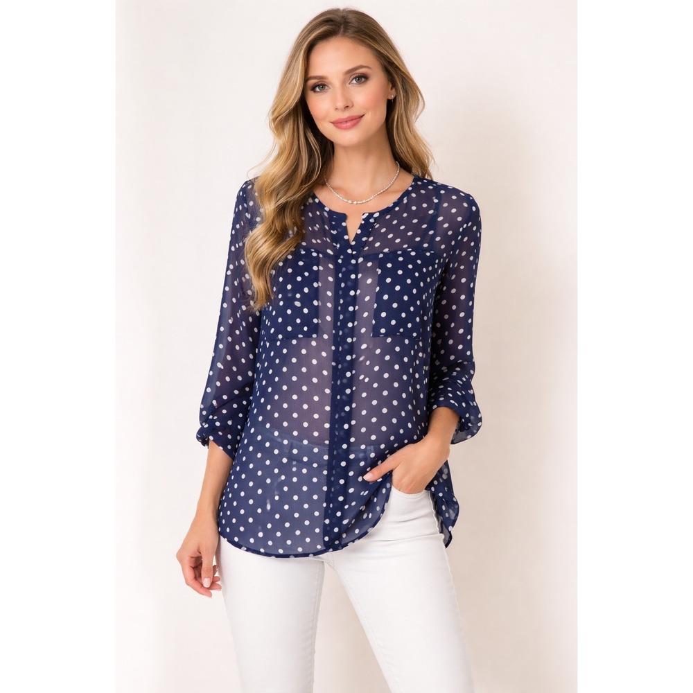 Papermoon‎ Stitch Fix Women's Med Navy White Polka Dot Sheer Blouse Long Sleeve